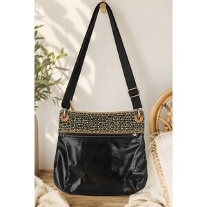 Fossil Key-Per Crossbody Bag Black Coated Canvas Geometric Print Messenger